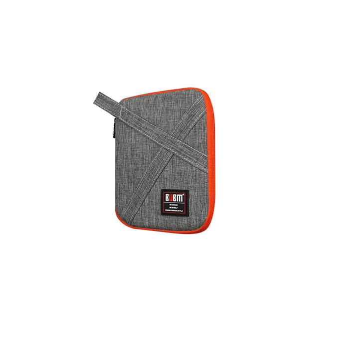 Gray and orange pouch with a brand label on a white background