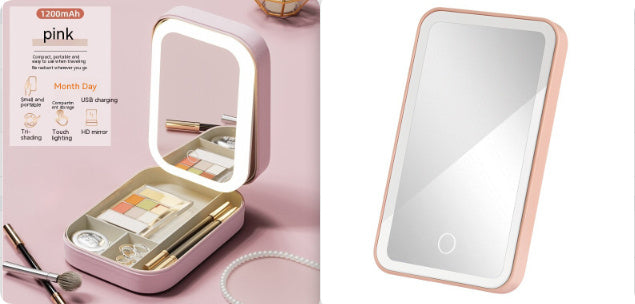 Pink makeup organizer with a mirror on a pink background