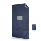 Blue camping blanket with a small pouch on a white background