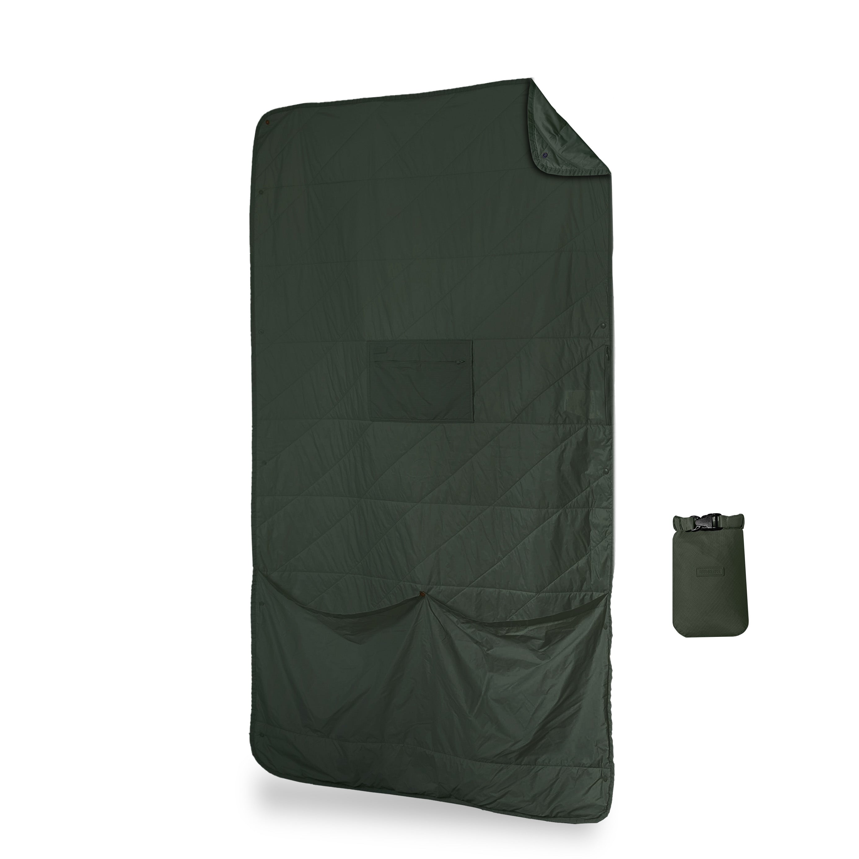 Green quilted blanket with a small pouch on a white background