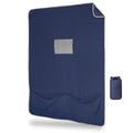Blue camping mat with a gray pocket and matching pouch on a white background