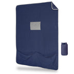Blue camping mat with a gray pocket and matching pouch on a white background