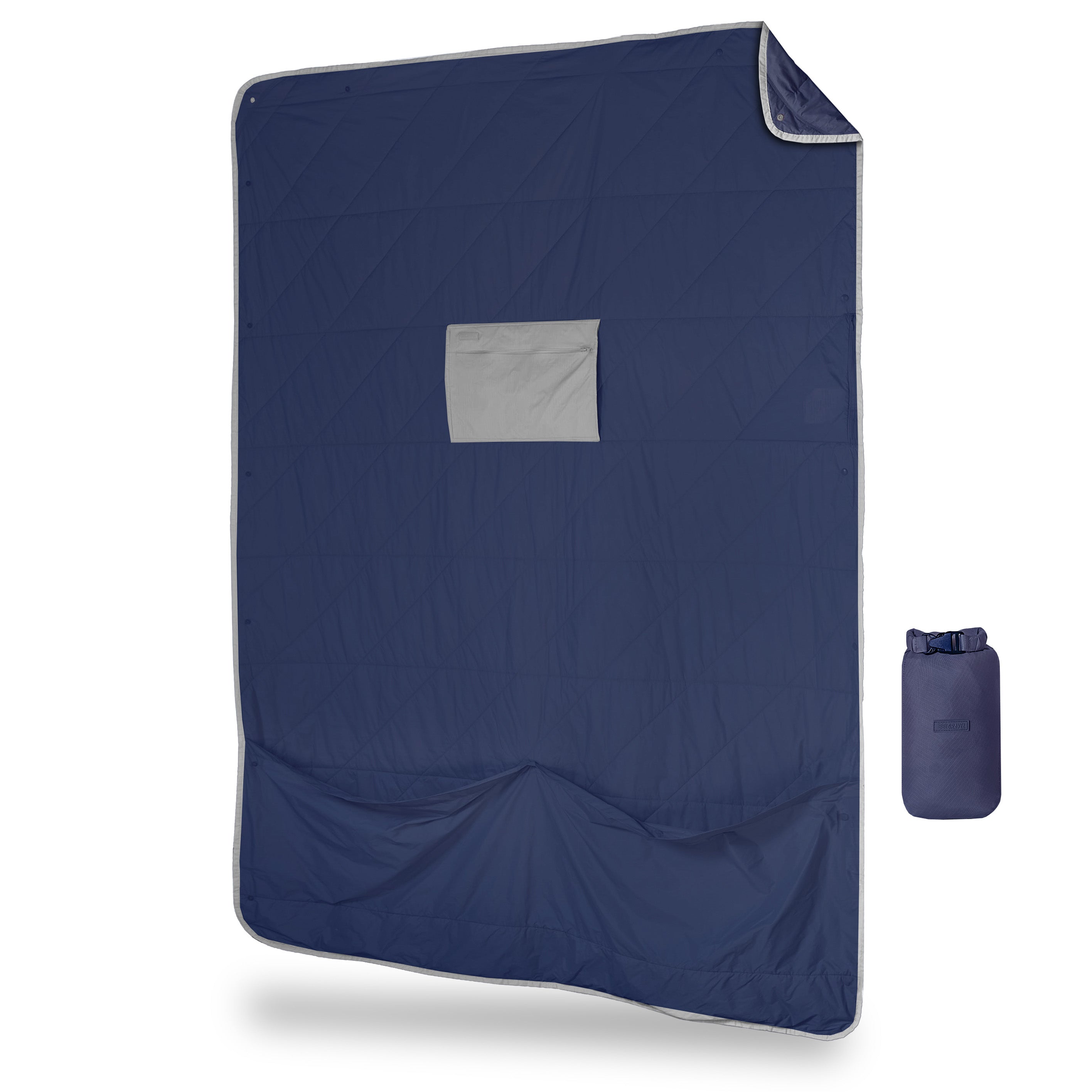 Blue camping mat with a gray pocket and matching pouch on a white background