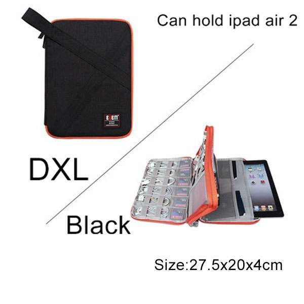 Black and orange carrying case with an iPad Air 2 inside, labeled 'DXL Black'. D Extra Large 27.5 cm by 20 cm by 4 cm