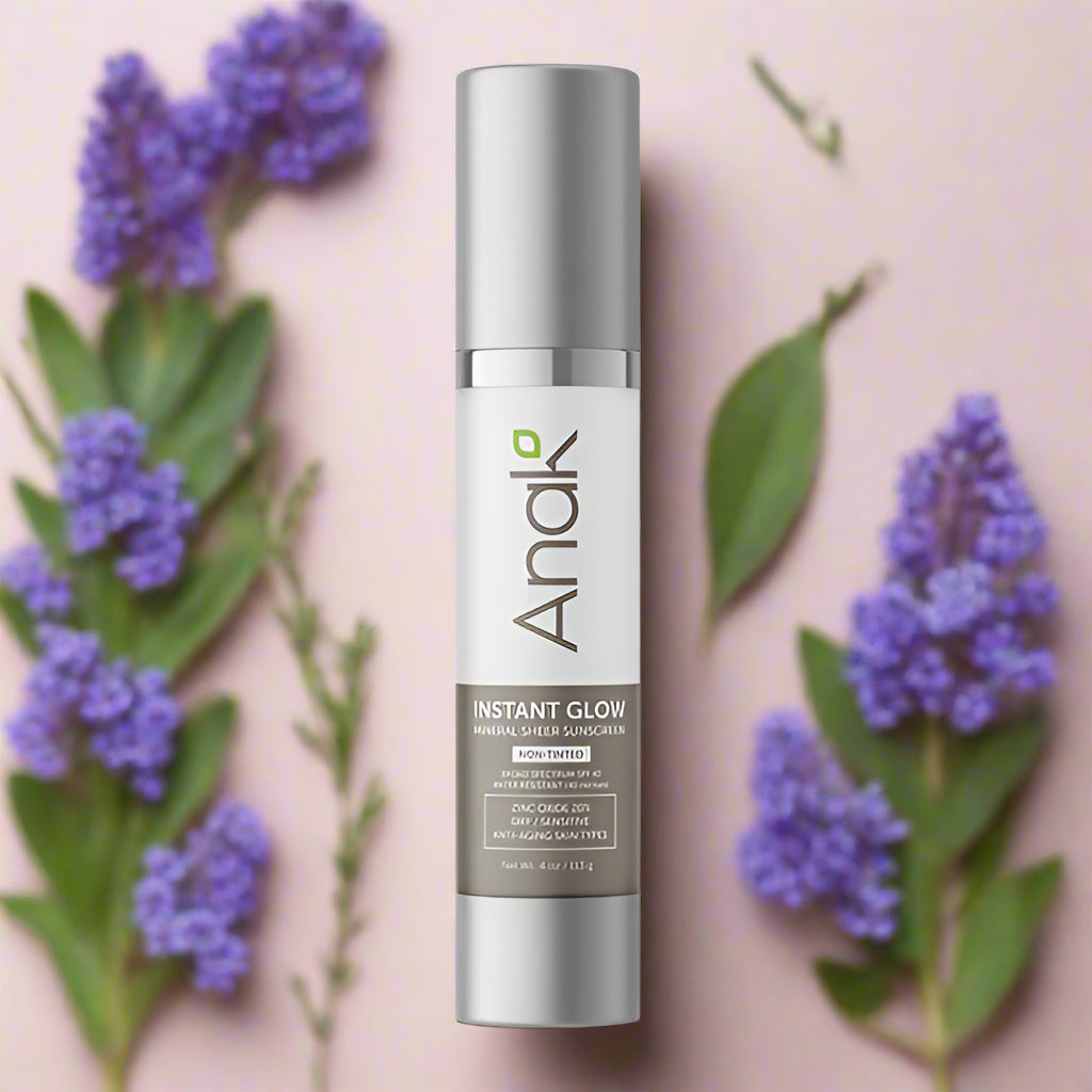 Tube of Anak Instant Glow Sunscreen SPF 40 shown on a sunlit vanity with soft reflections and dewy textur