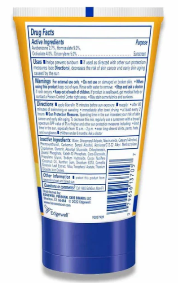 Back label of a Banana Boat sunscreen tube with text and branding