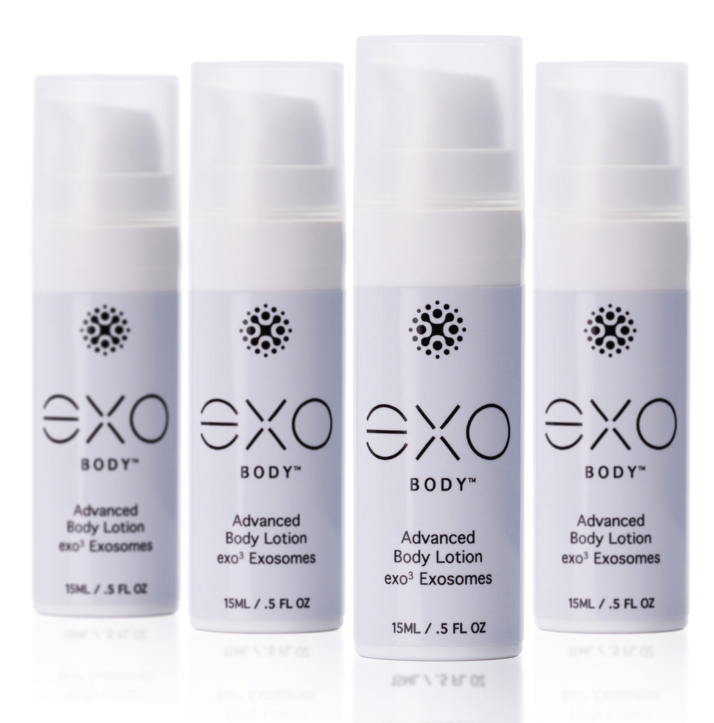 Four bottles of EXO Body Advanced Body Lotion on a white background