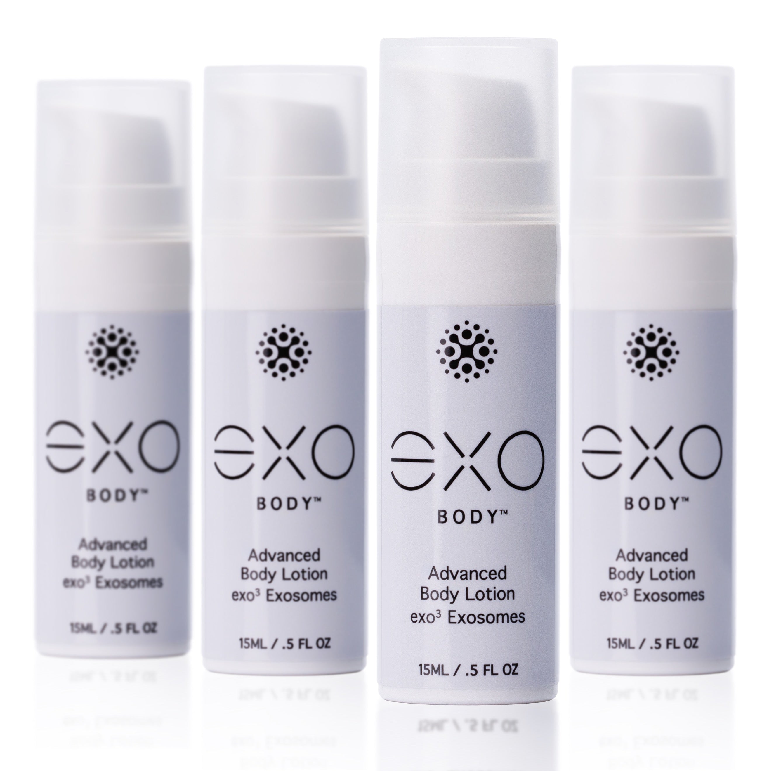 Four bottles of EXO Body Advanced Body Lotion on a white background