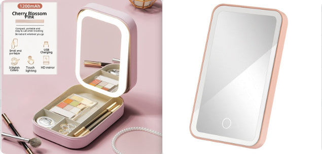 Cherry Blossom Pink makeup case with illuminated mirror on a pink background. Text shows features: small and portable, USB charging, 3 stylish colors, touch-lighting, and HD mirror.