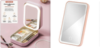 Cherry Blossom Pink makeup case with illuminated mirror on a pink background. Text shows features: small and portable, USB charging, 3 stylish colors, touch-lighting, and HD mirror.