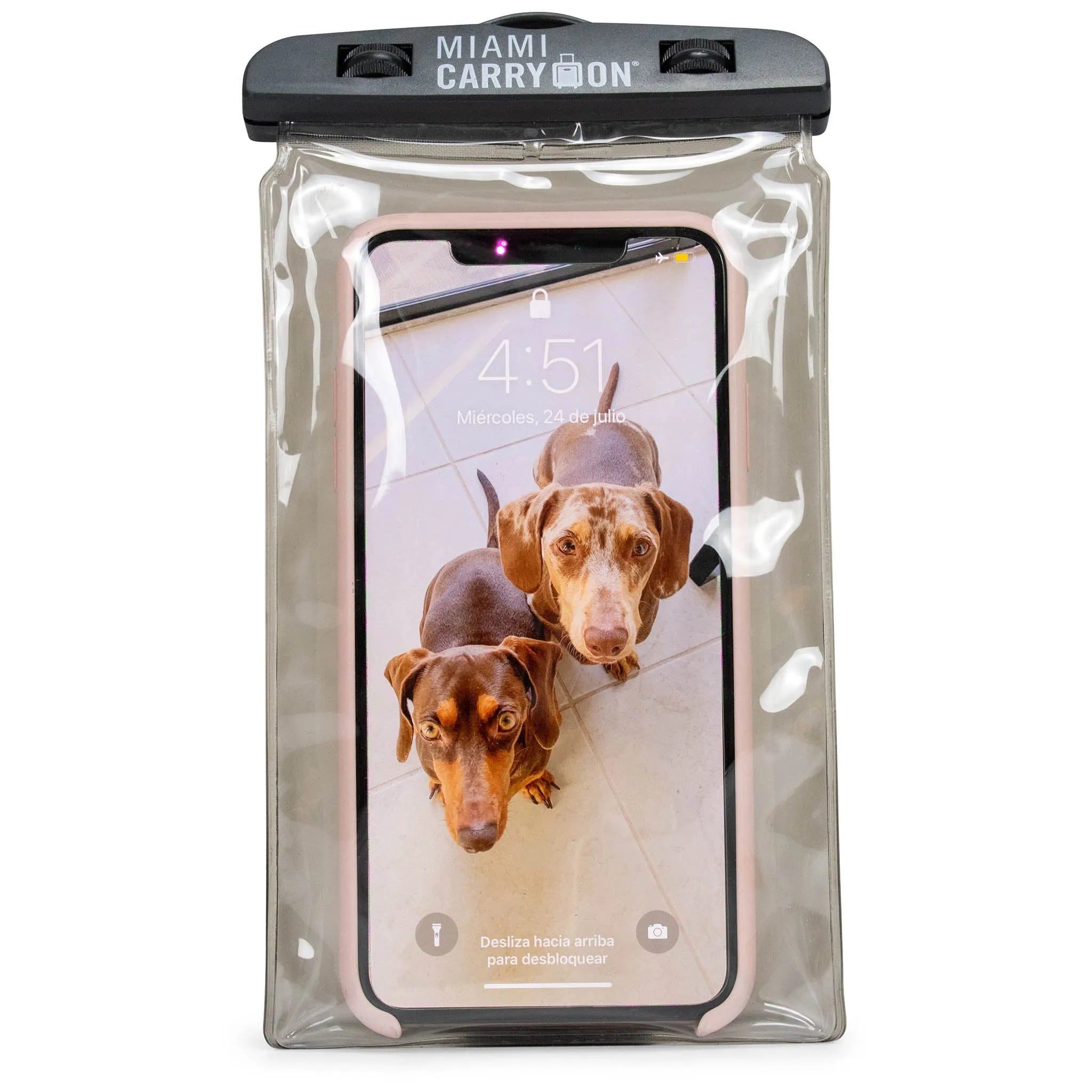 Black water proof phone case with 'Miami Carry On' branding along the adjustable seal at the top.