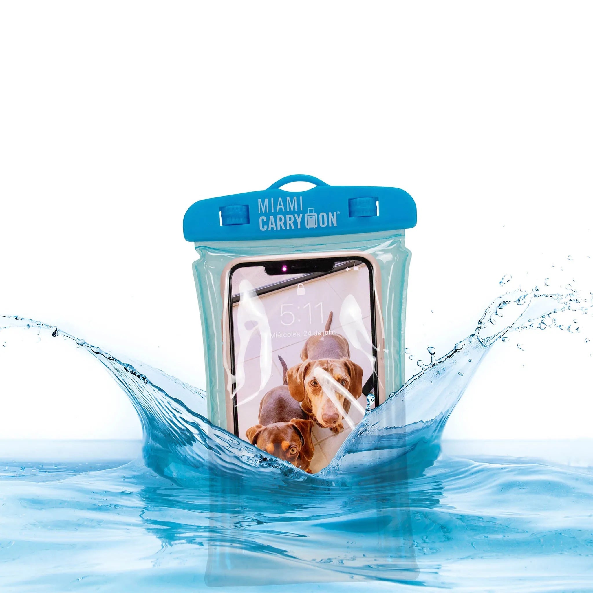 Blue water proof phone case with 'Miami Carry On' branding along the adjustable seal at the top. It is being shown submerged into water.