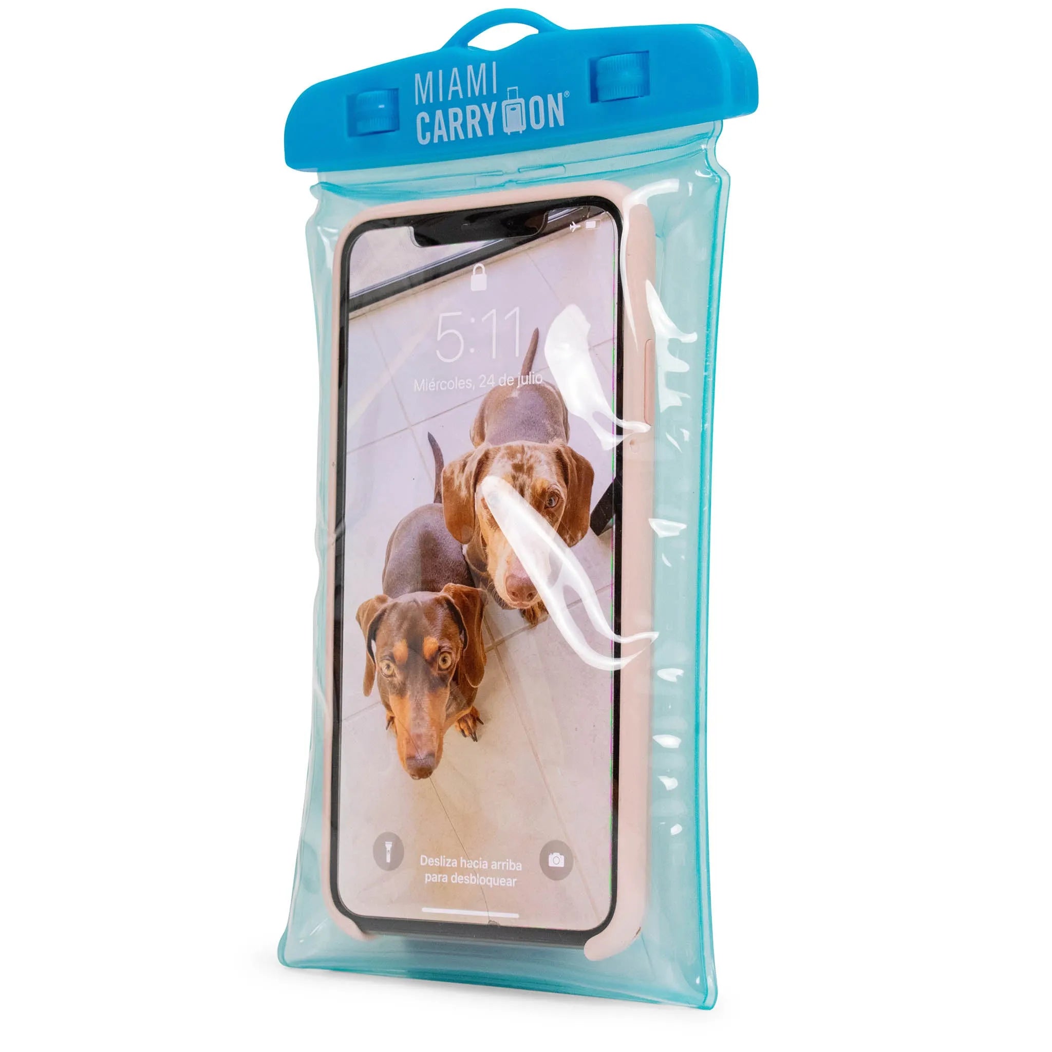 Phone case with dogs on screen in clear packaging with blue top, 'Miami Carry On' branding.