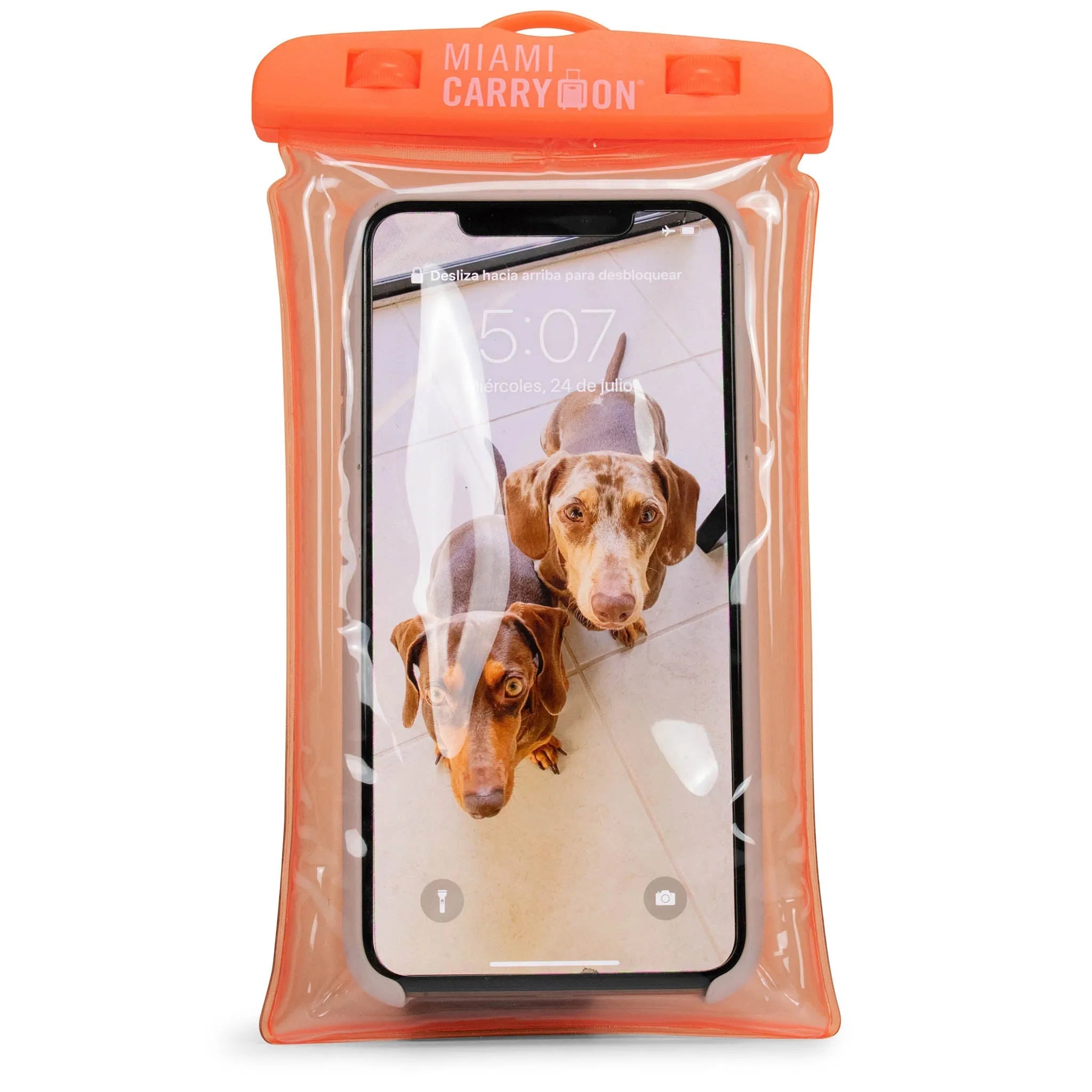 Orange water proof phone case with 'Miami Carry On' branding along the adjustable seal at the top.