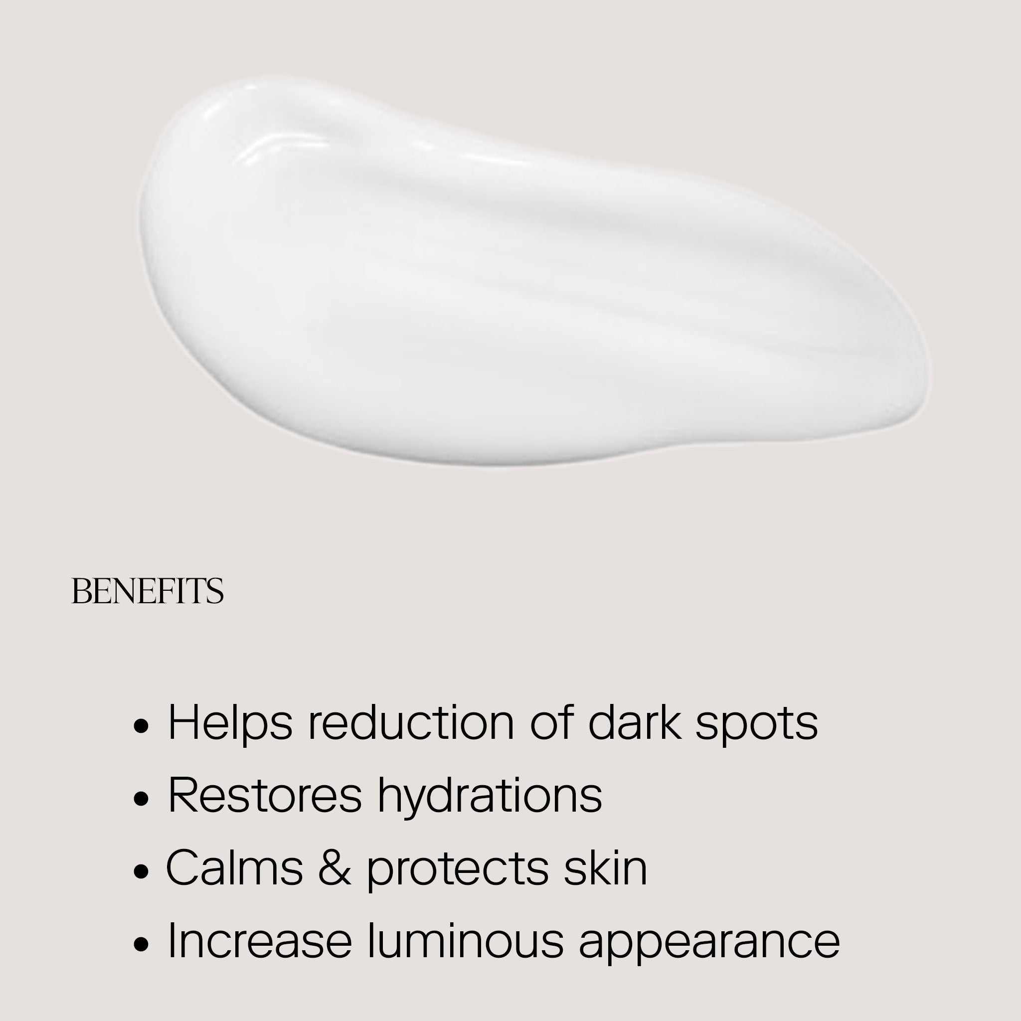 Cosmetic product with benefits listed on a light gray background