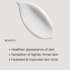 Skincare product smear with benefits listed on a light gray background