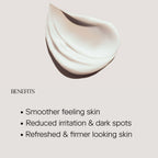 Skincare product with benefits listed on a light pink background