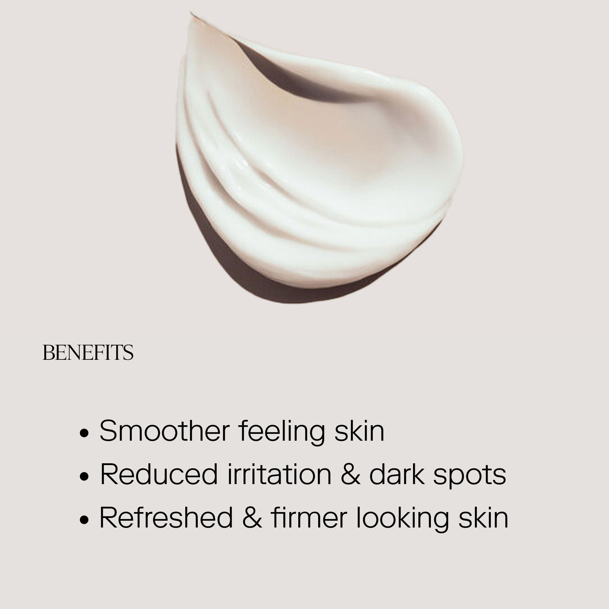 Skincare product with benefits listed on a light pink background
