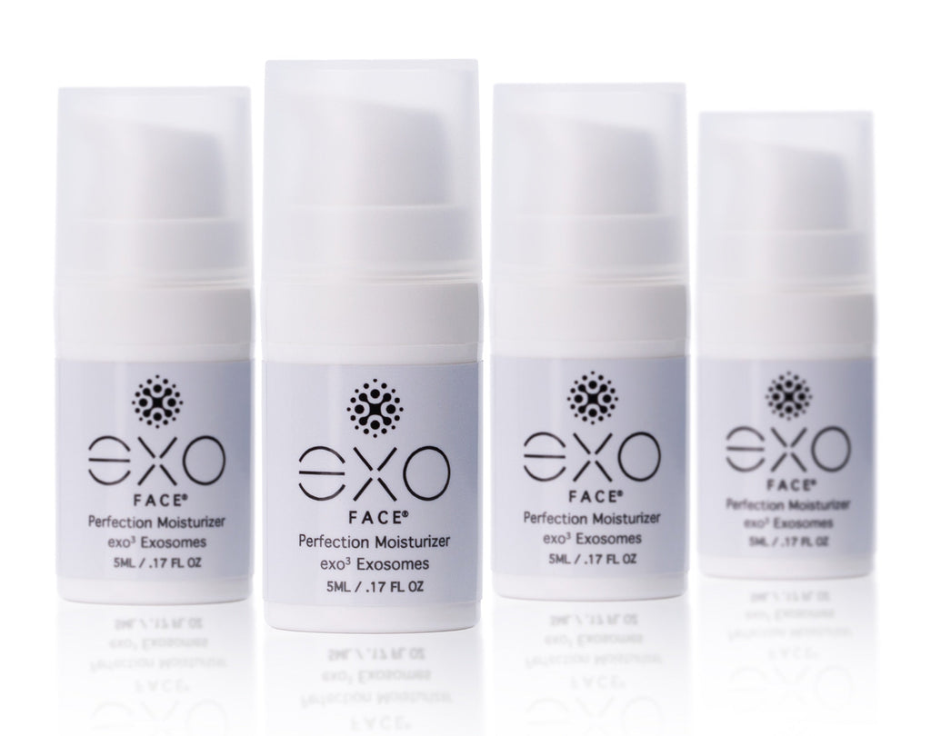 Four EXO Face perfection moisturizer bottles on a white background