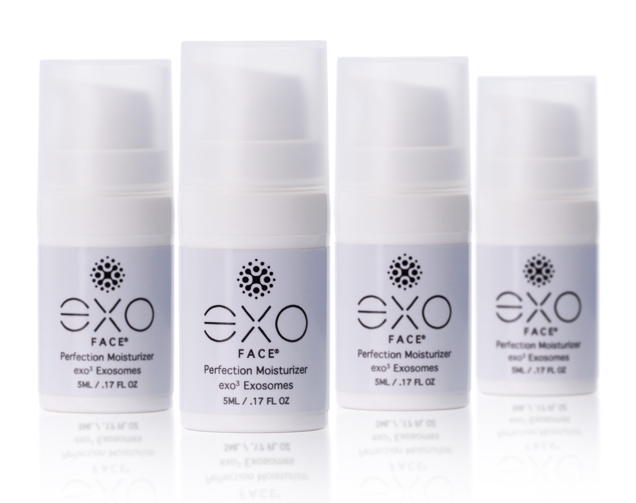 Four EXO Face perfection moisturizer bottles on a white background