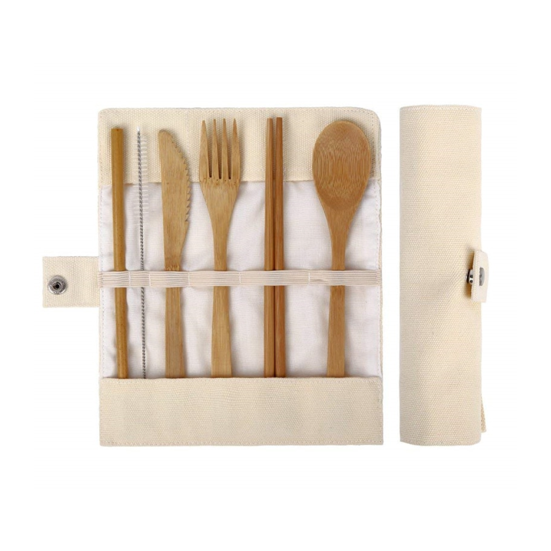 Reusable Bamboo Cutlery Travel Set – Eco-Friendly Utensils + Canvas Case