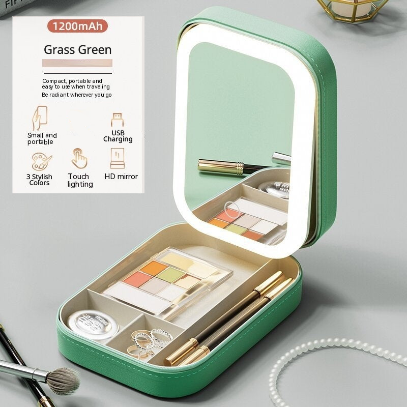 Grass Green makeup case with illuminated mirror on a grey background. Text shows features: small and portable, USB charging, 3 stylish colors, touch-lighting, and HD mirror.