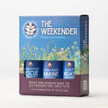 Box of 'The Weekender' herbal supplements with three bottles on a white background