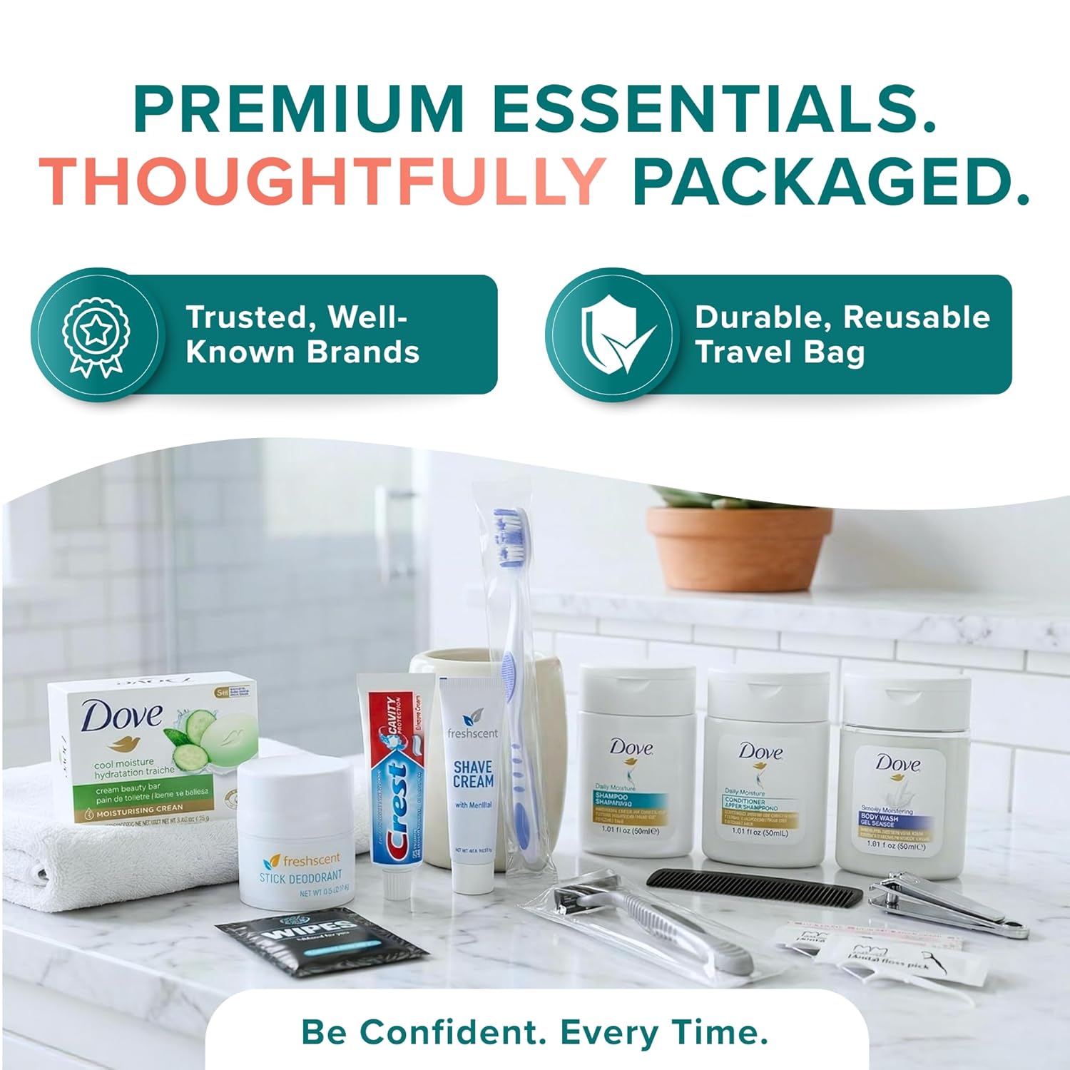 Bathroom setting with a variety of travel-sized personal care products and text about premium essentials packaging. The text reads: "Premium essentials thoughtfully packaged. Trusted, well-known brands. Durable, reusable travel bag. Be confident. Every time."