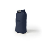 Navy blue dry bag with a black buckle on a white background