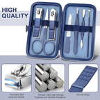 Manicure set with blue case and high-quality steel tools on a light gray background. Text says: High quality. Top quality steel, sturdy and durable. Premium steel, high strength, toughness and abrasion resistance. Anti-slip design."