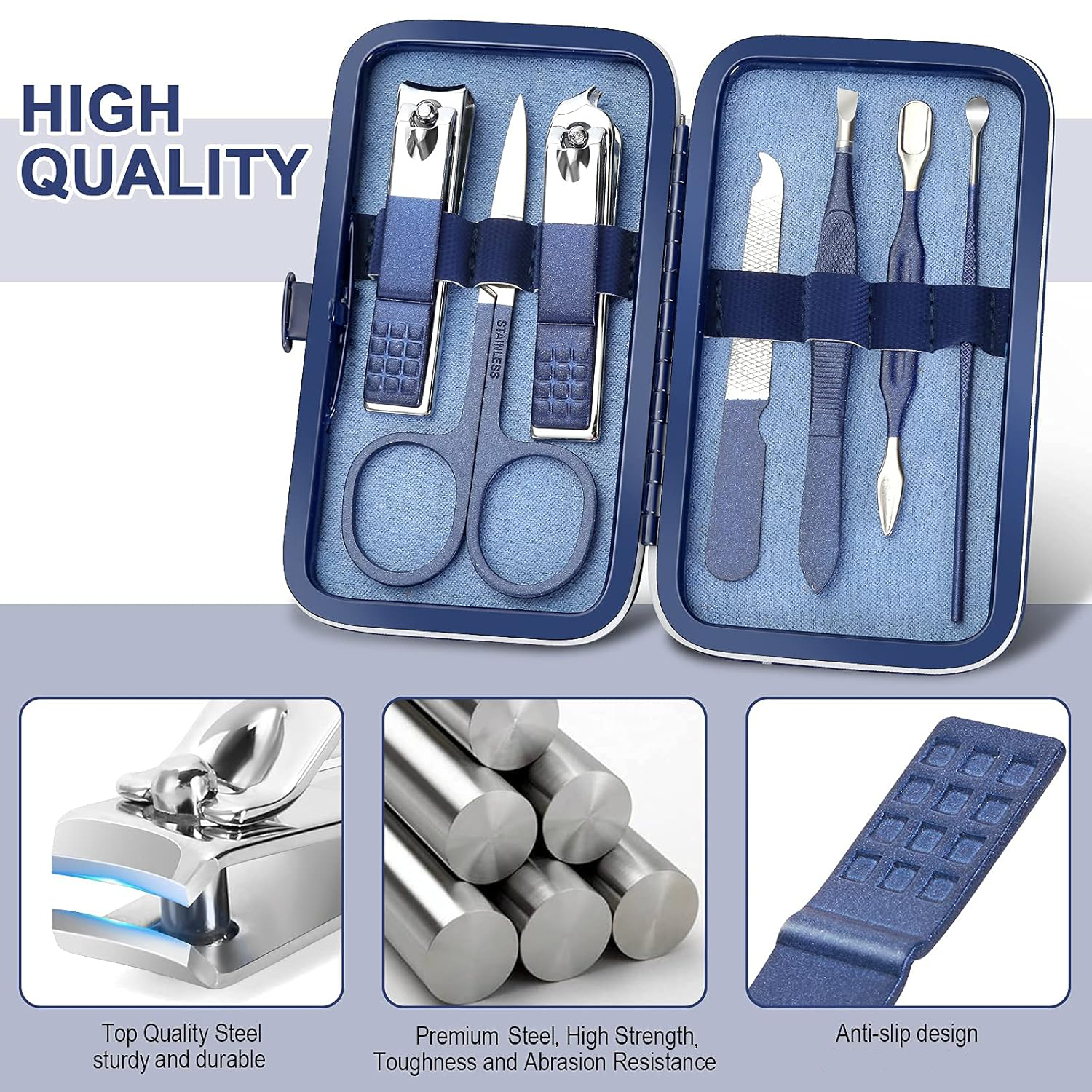 Manicure set with blue case and high-quality steel tools on a light gray background. Text says: High quality. Top quality steel, sturdy and durable. Premium steel, high strength, toughness and abrasion resistance. Anti-slip design."