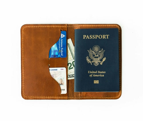 Full Grain Leather Passport Cover – Card & Cash Organizer with Fire-Branded Option