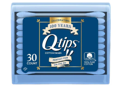 Q-tips cotton swabs packaging with blue and white design