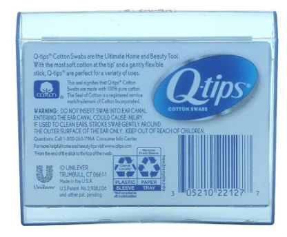 The back of Q-tips cotton swabs packaging with branding and product details.