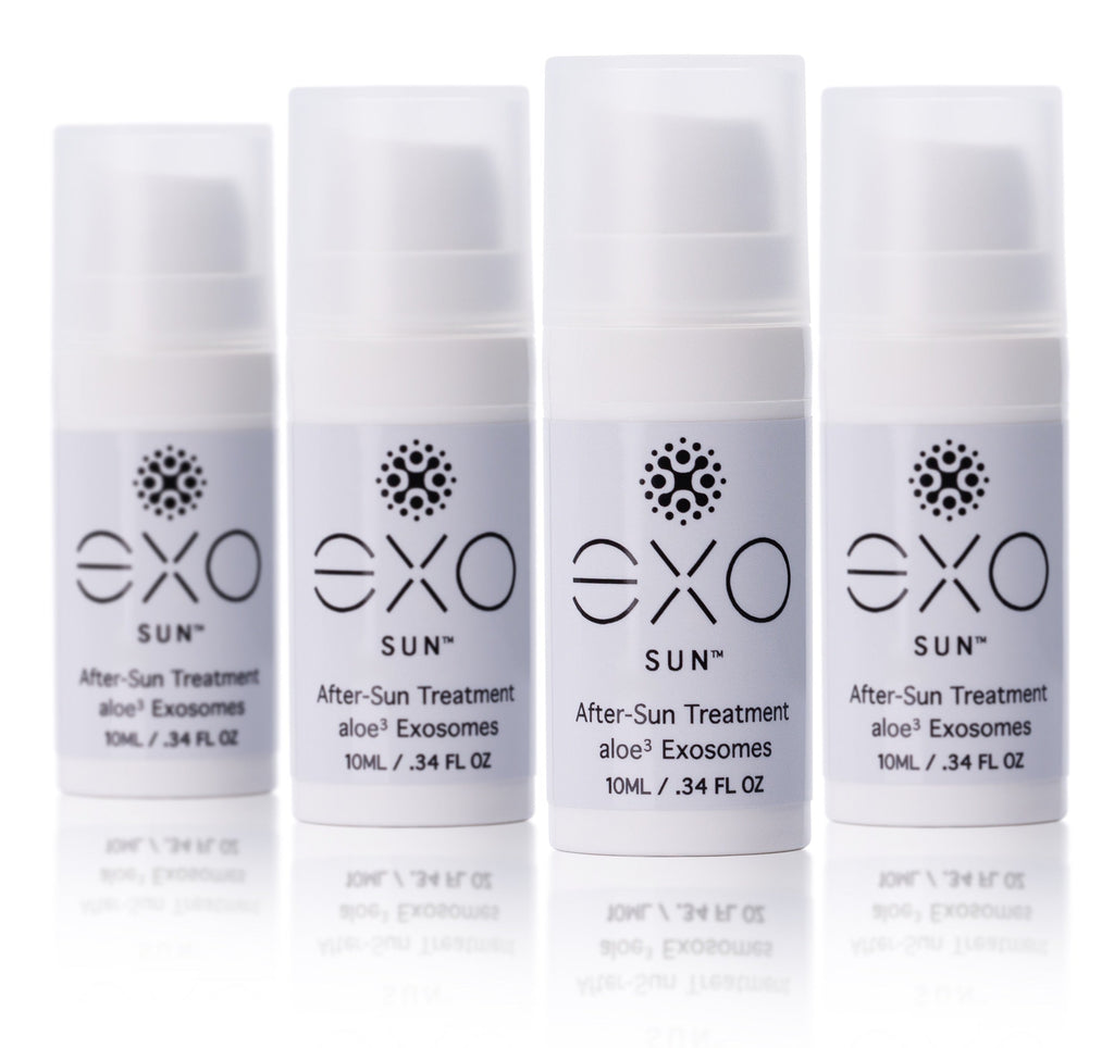 Four EXO Sun After-Sun Treatment bottles on a white background