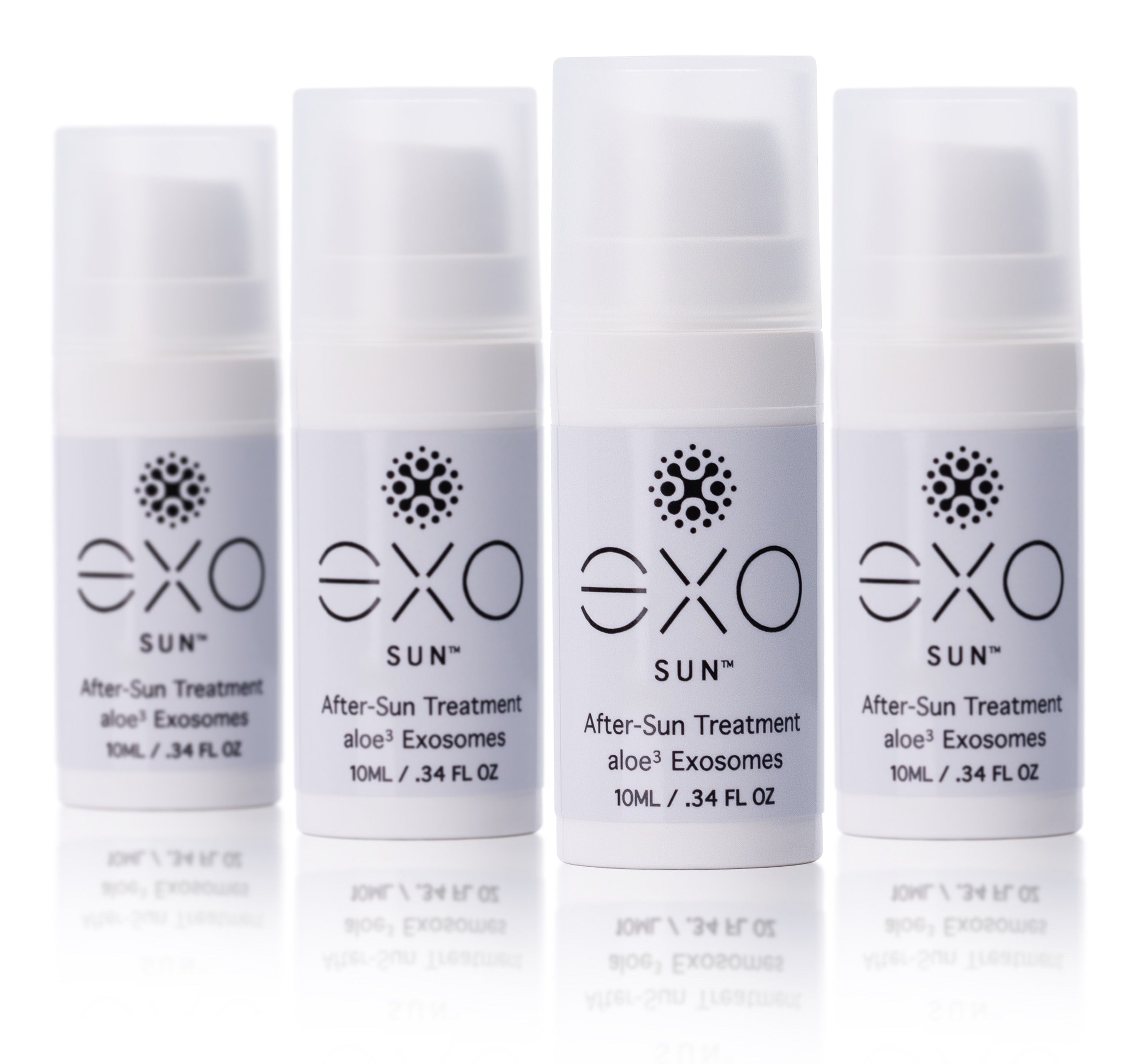 Four EXO Sun After-Sun Treatment bottles on a white background