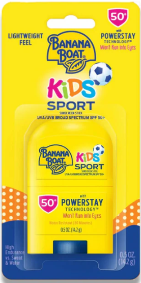 Banana Boat Kids Sport sunscreen stick with Powerstay technology on a yellow background