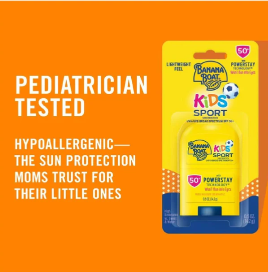 Banana Boat Kids Sport sun protection product on an orange background with text about pediatrician testing and hypoallergenic properties.