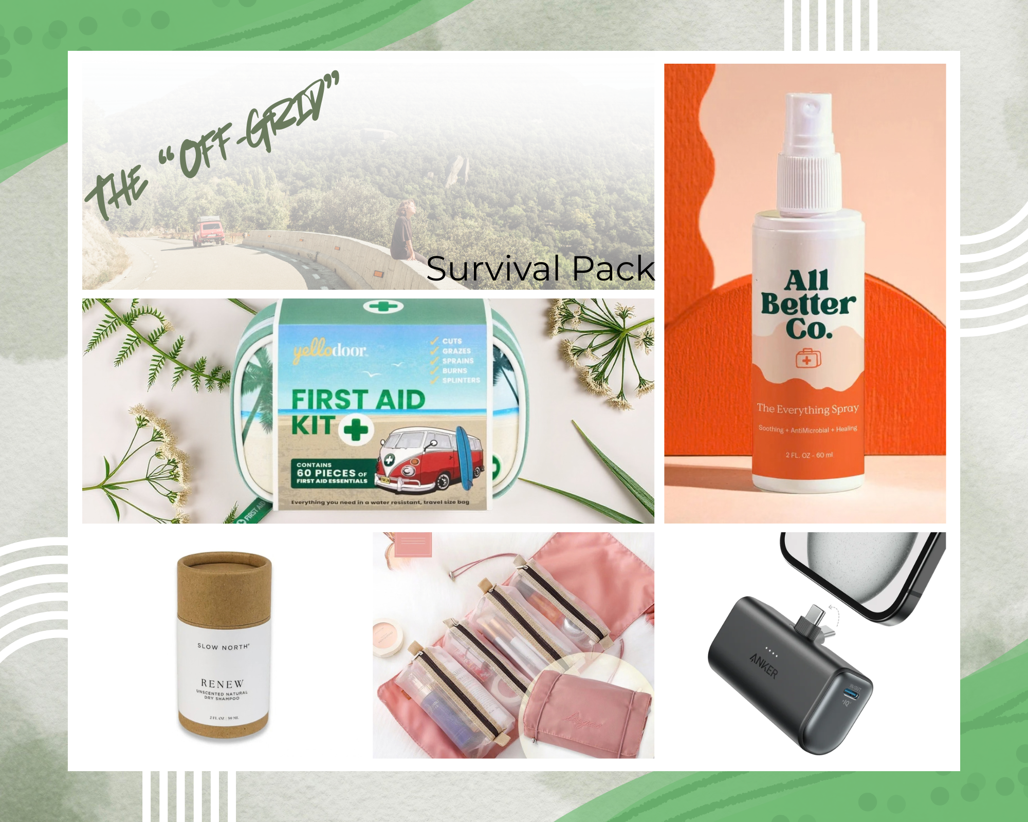 Collage of various products including a survival kit, first aid kit, and spray bottle on a green and white background.
