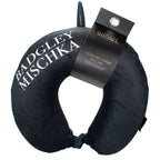Black neck pillow with Badgley Mischka branding and a visible tag on a white background