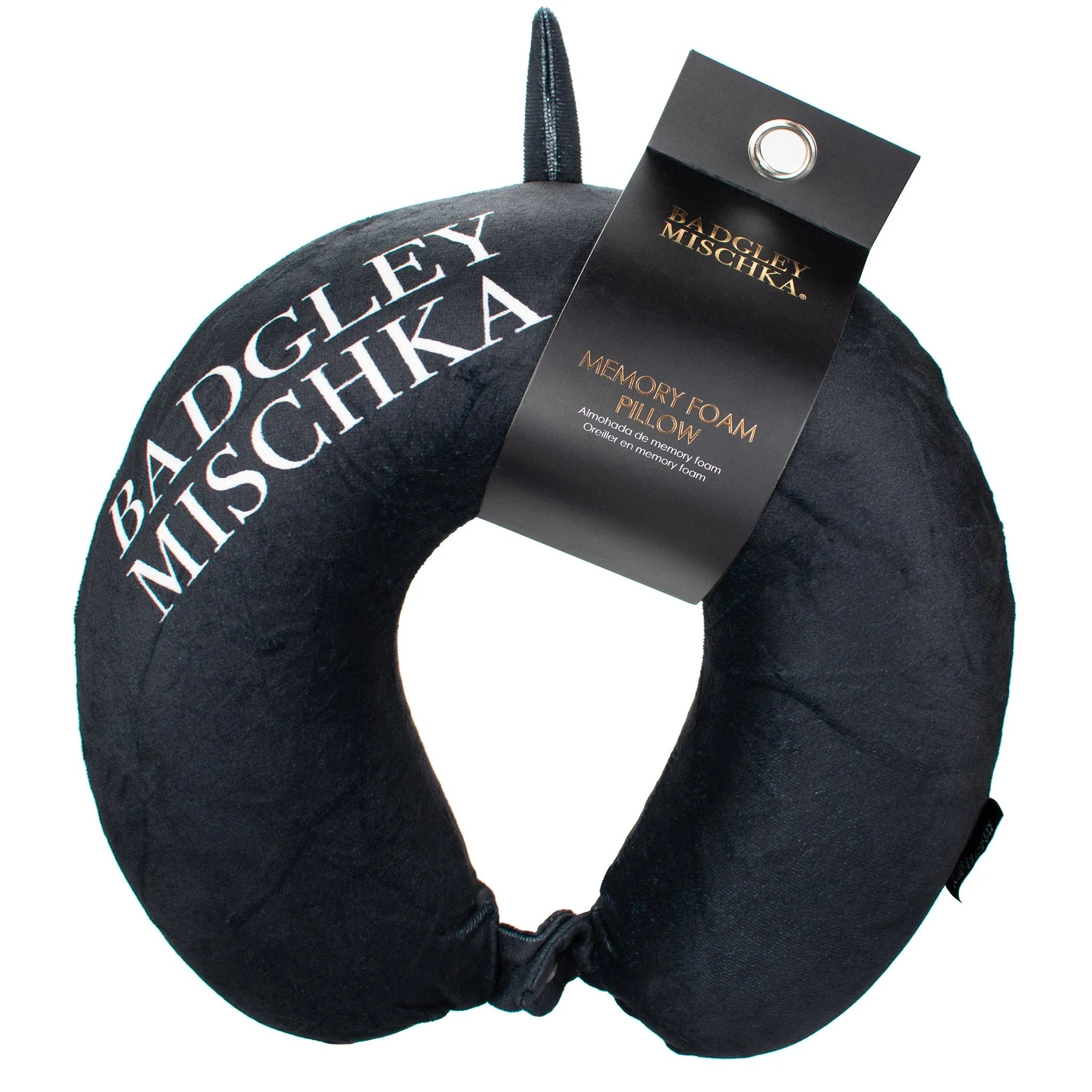 Black neck pillow with Badgley Mischka branding and a visible tag on a white background