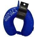 Cobalt blue neck pillow with Badgley Mischka branding and a visible tag on a white background