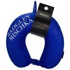 Cobalt blue neck pillow with Badgley Mischka branding and a visible tag on a white background