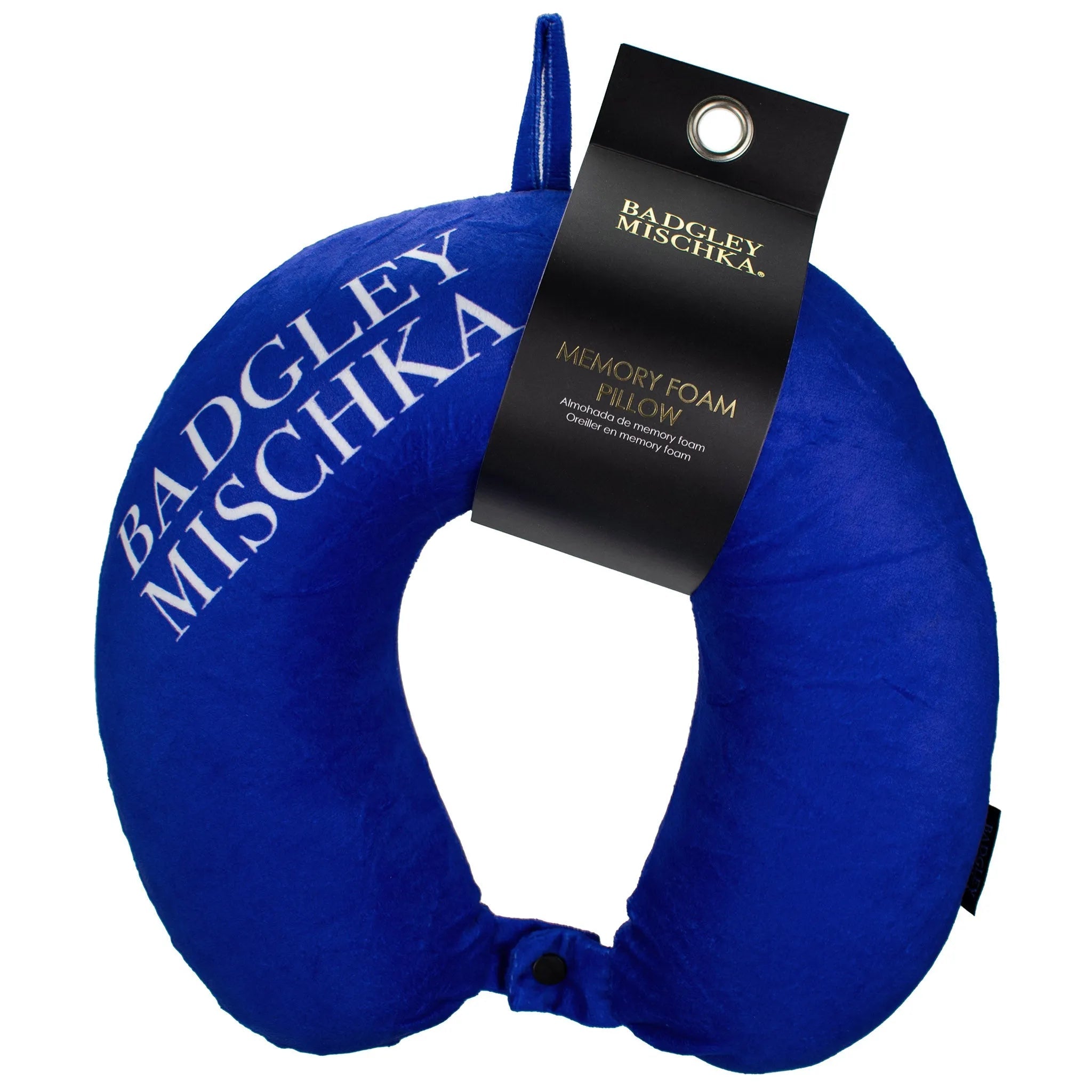 Cobalt blue neck pillow with Badgley Mischka branding and a visible tag on a white background