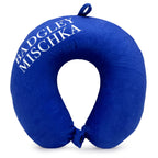 Cobalt blue neck pillow with 'Badgley Mischka' branding on a white background