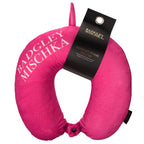 Magenta neck pillow with 'Badgley Mischka' branding on a white background