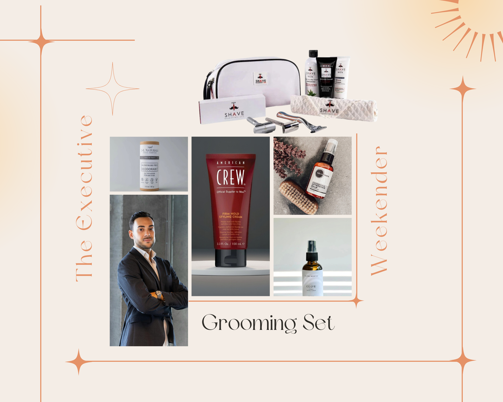 Grooming set with various products and a man in a suit on a decorative background.