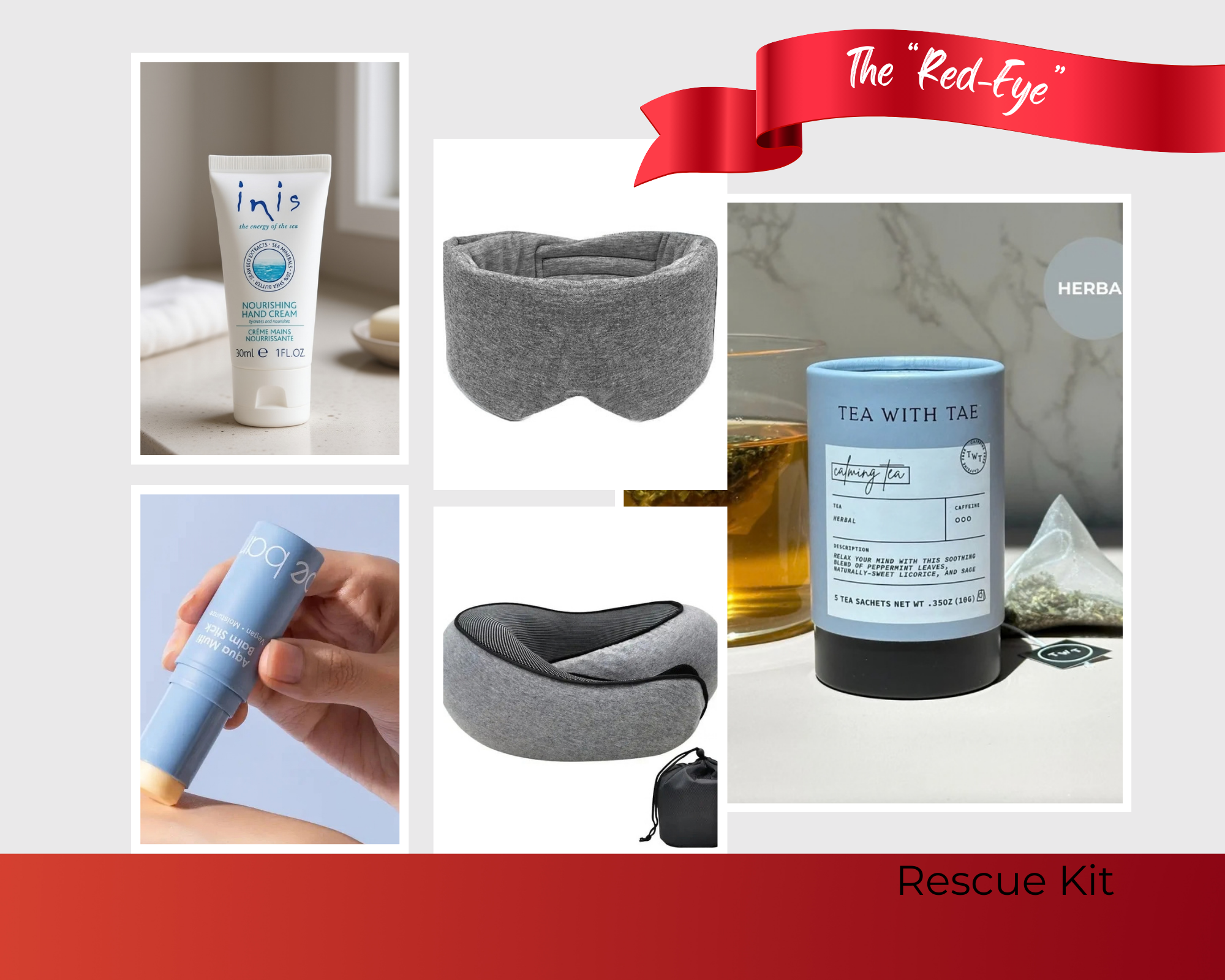 Collection of travel items including a tube of cream, eye mask, and tea canister on a white background.