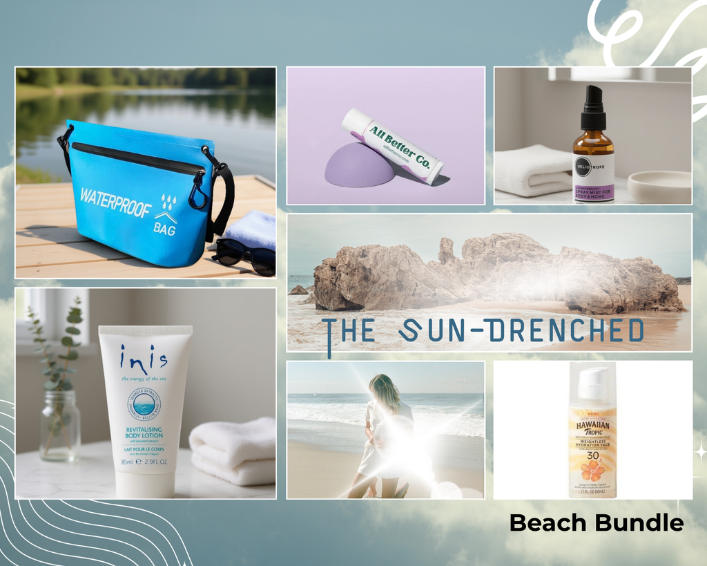 Collage of beach-related products and items with a focus on sun protection and outdoor activities.