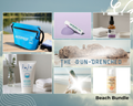 Collage of beach-related products and items with a focus on sun protection and outdoor activities.